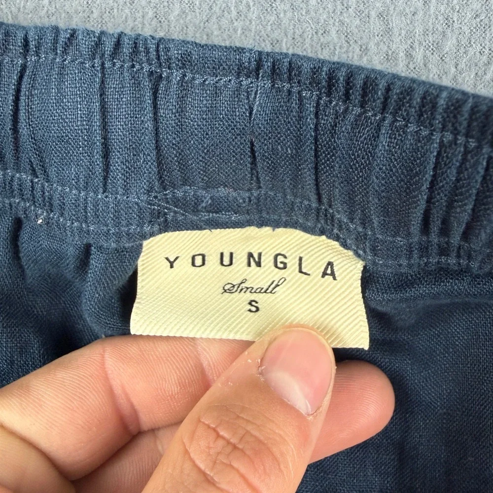 YoungLA Pants Men's S Navy Blue 100% Linen Drawstring Elastic Waist Lightweight